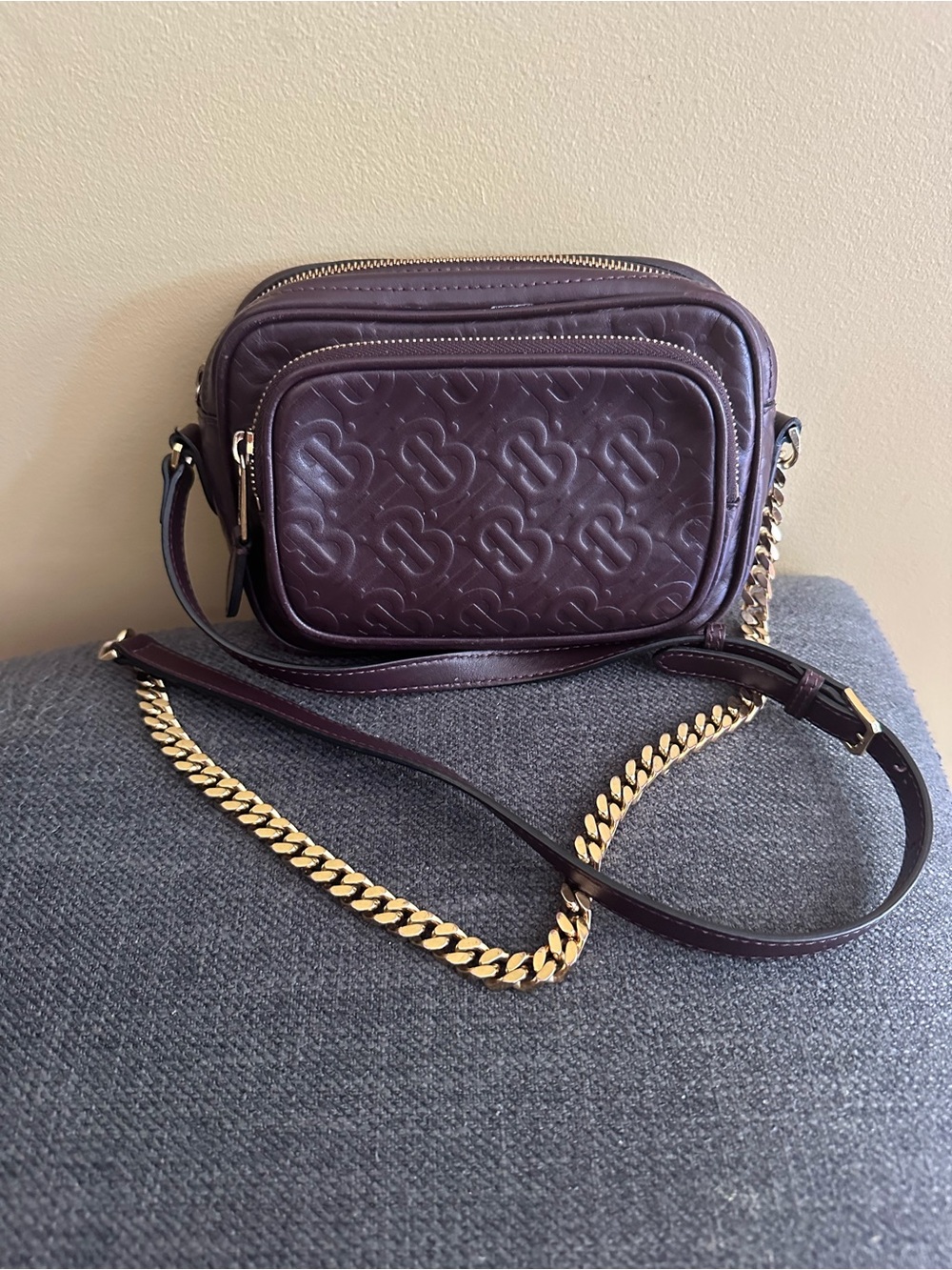 Burberry AUTHENTIC leather TB Monogram Deep Plum Crossbody Bag Gold Chain Accent